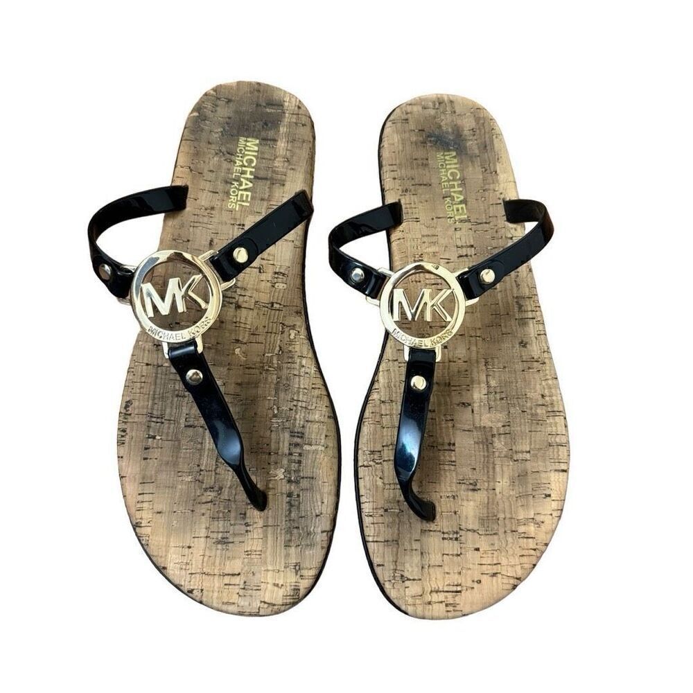 Michael Kors Black Jelly Thong Sandals Gold MK Logo Size 9